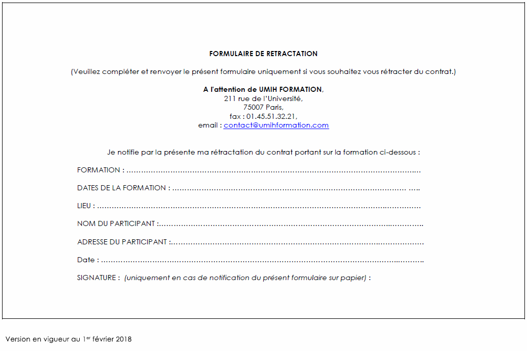 Formulaire de rétractation Formulaire de rétractation